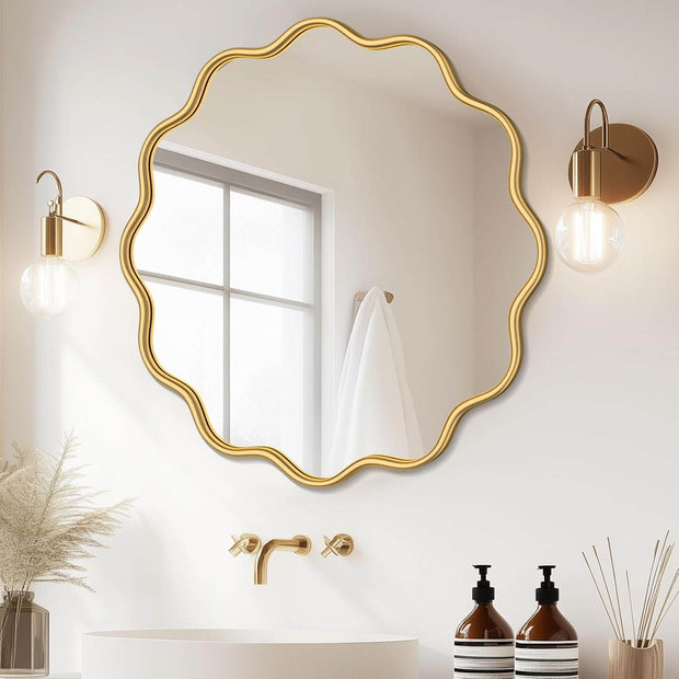 Gold Round Mirror Wavy Bathroom Vanity Mirror - GlassAura