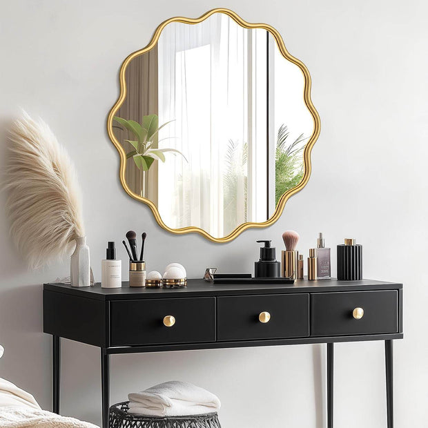 Gold Round Mirror Wavy Bathroom Vanity Mirror - GlassAura