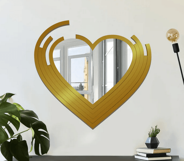 Heart-Shaped Wall Mirror – Gold Textured Wooden Frame - GlassAura