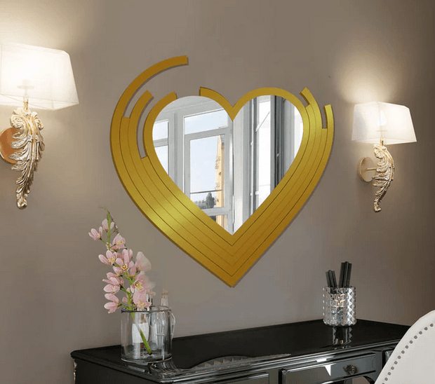 Heart-Shaped Wall Mirror – Gold Textured Wooden Frame - GlassAura