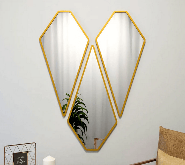Modern Diamond Vanity Mirrors – Set of 3 with Gold Frames - GlassAura