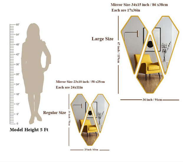 Modern Diamond Vanity Mirrors – Set of 3 with Gold Frames - GlassAura