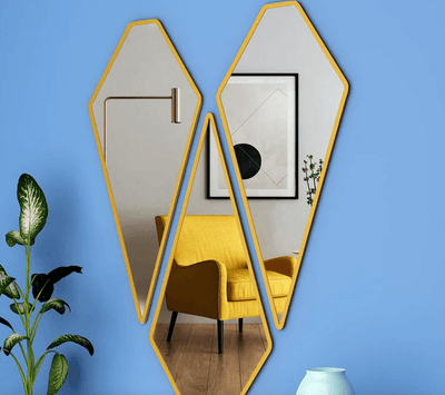 Modern Diamond Vanity Mirrors – Set of 3 with Gold Frames - GlassAura