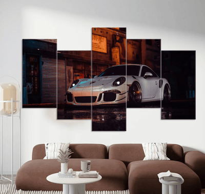 Classic White Car – 5-Panel Starry Night Wall Art - GlassAura