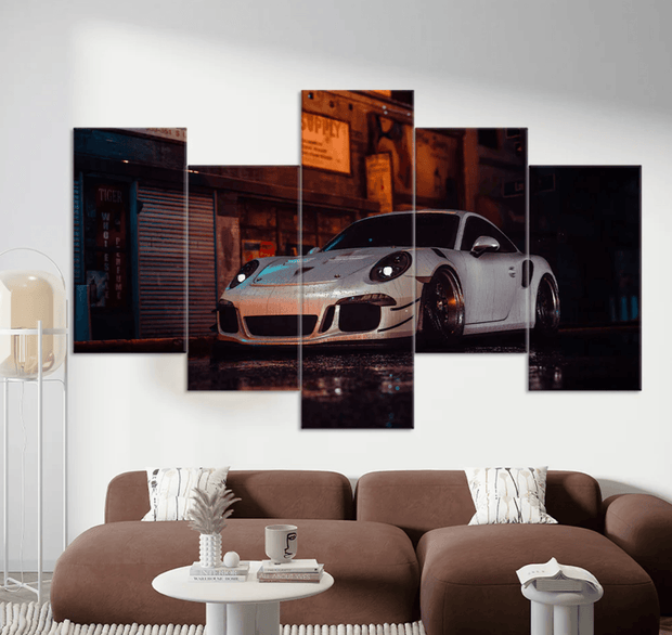 Classic White Car – 5-Panel Starry Night Wall Art - GlassAura