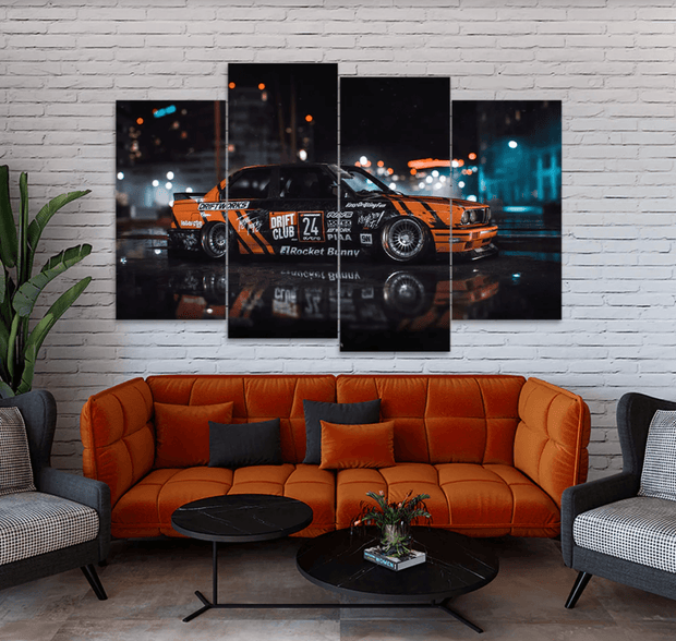 Racing Car in Rainy Night – 4-Panel Wall Art - GlassAura